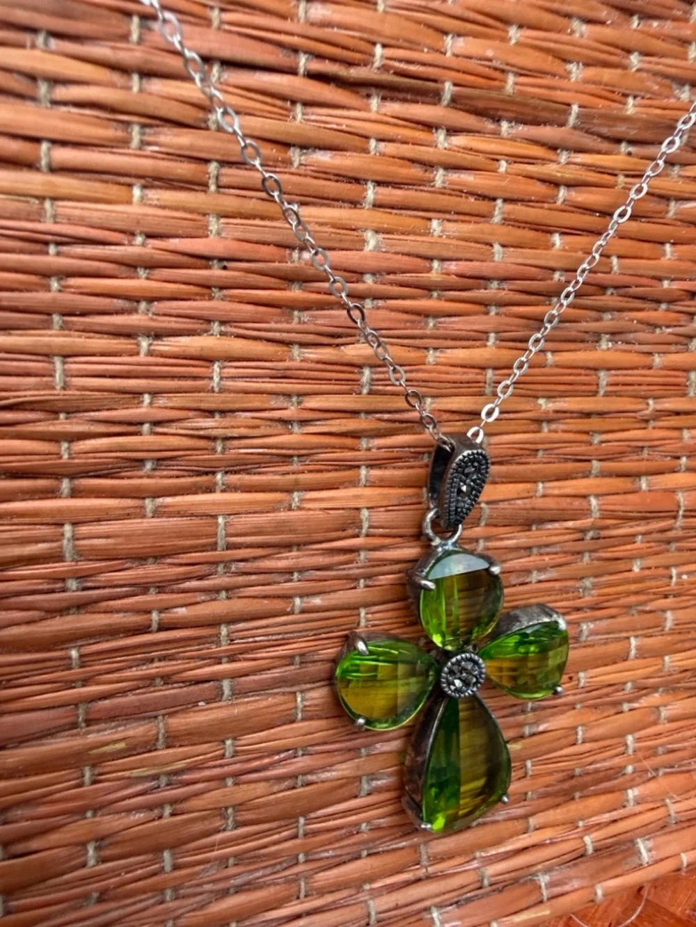 Vintage Sterling Silver Peridot & Marcasite Cross Pendant - 1.67 inch